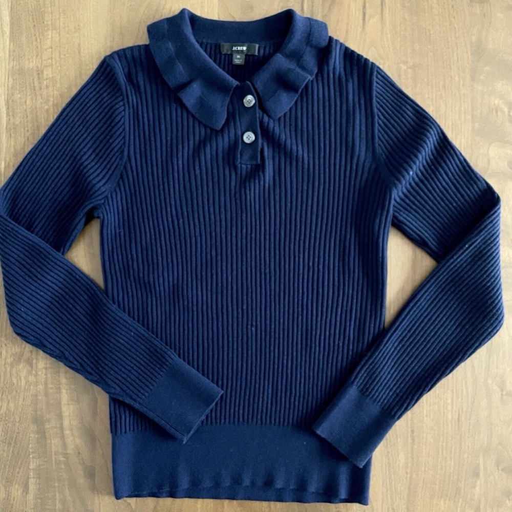 J Crew Ruffle Collar Ribbed Merino Polo Sweater Size M Navy Blue